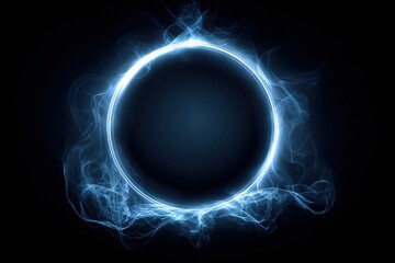 A glowing blue circular design with swirling light effects against a dark background, creating a mystical and futuristic appearance.