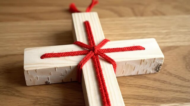 Dynamic close up of wooden cross with red string, Christian religious symbol on wood table, for spiritual decoration and faith.