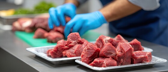Close-up view of hands preparing raw steaks on a tray in a modern kitchen area of a food production facility