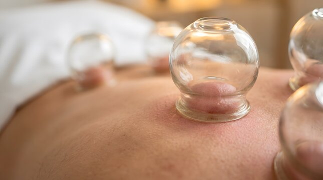 Close Up of Cupping Therapy Equipment for Bekam on Male Back Skin