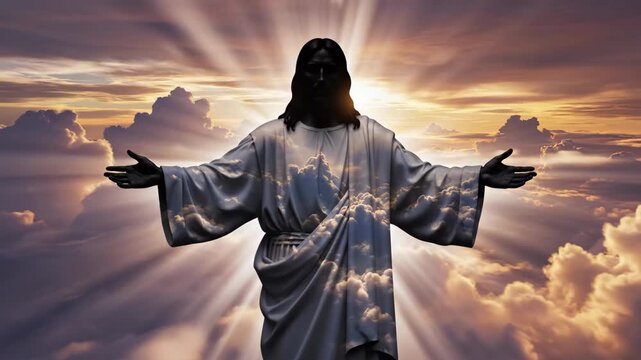 Silhouette of Jesus Christ statue against cloud dappled sky with sun rays emerging from glorious clouds. Religious concept.