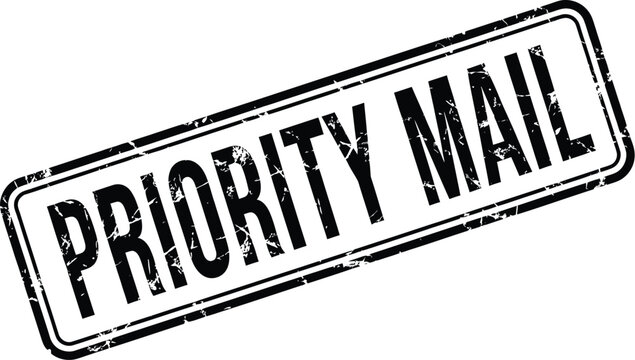 Distressed priority mail stamp graphic in black and white rectangular shape on transparent background