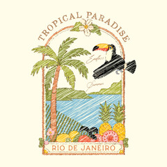 Copacabana beach art. Rio de janeiro. Summer vibes artwork. Summer food poster design. Nature fruit club print design. Tropical paradise. Toucan bird graphic print design, Wave palm tree artwork. © MdAlImran