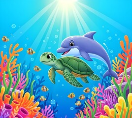 Obraz premium Cute and adorable illustration design of a dolphin who are happy in a beautiful flower sea garden coral forest. 
