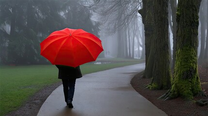 Person with red umbrella walking on path in rainy weather