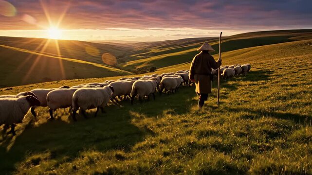 Man shepherd leading flock of sheep across green hill at golden hour sunrise or sunset with an inspiring light