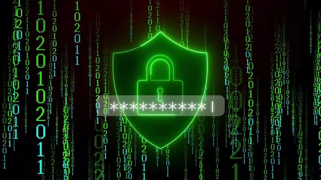 Neon green shield with a central padlock, surrounded by cascading binary code in a digital grid!!!!!