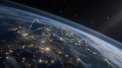 Satellite constellation orbiting Earth with glowing data links, visualizing global communication networks, space-based internet, and digital connectivity. cinematic color correction, natural uneven