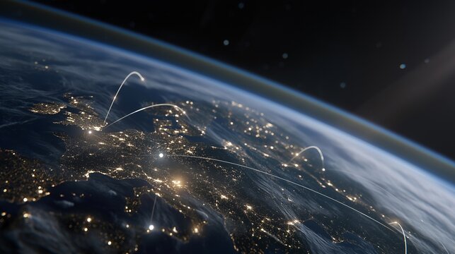 Satellite constellation orbiting Earth with glowing data links, visualizing global communication networks, space-based internet, and digital connectivity. cinematic color correction, natural uneven - Powered by Adobe