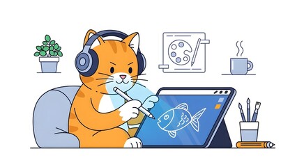 Creative Cat Artist Drawing on a Digital Tablet while Wearing Headphones in a Workspace