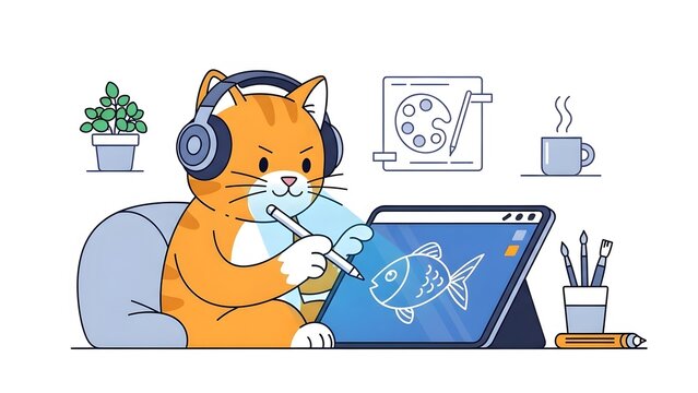 Creative Cat Artist Drawing on a Digital Tablet while Wearing Headphones in a Workspace