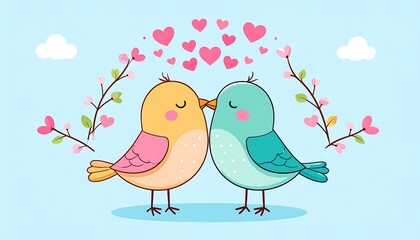 Two birds kissing with hearts