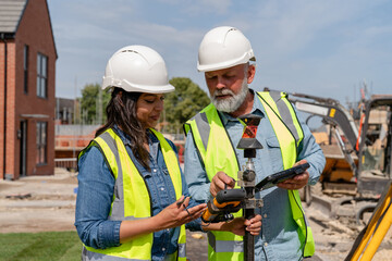 Male construction works project manager and young female site engineer collaborating on-site, discussing project details and future plans at building site