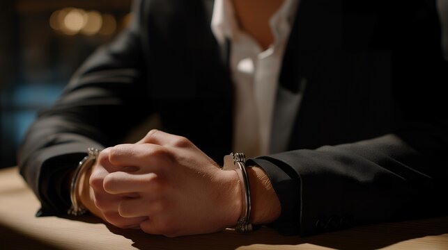 Handcuffs illuminated under interrogation room lighting, casting strong shadows to convey seriousness, authority, and criminal investigation themes. cinematic color correction, natural uneven