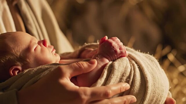 Woman holding a newborn caucasian baby in swaddling cloth, representing childhood, nativity, and christianity.