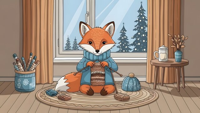 Cozy Fox Character Knitting a Scarf by the Window with Snowy Winter Pine Trees Outside