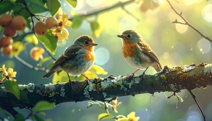 Two birds on a branch in spring sunlight