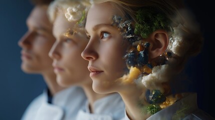 A chef’s profile double-exposed with molecular gastronomy elements and ingredient textures, representing food innovation, creativity, and modern cuisine science. cinematic color correction, natural