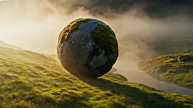 Mossy boulder rolling down a grassy hill shrouded in mist next to a stream. Powerful nature concept for environmental awareness.
