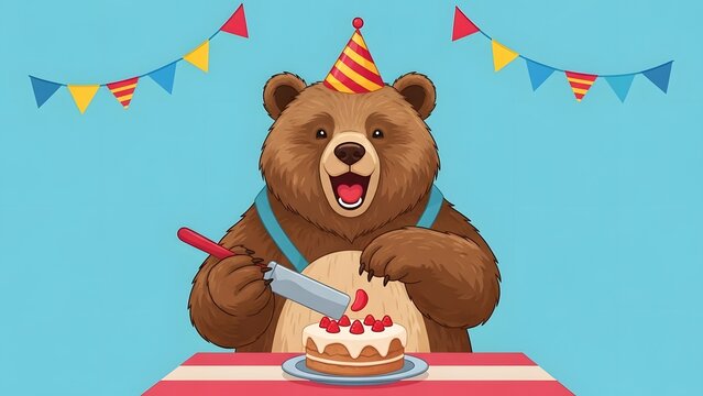 Happy Bear Character Celebrating with a Strawberry Cake and Party Hat on a Festive Background
