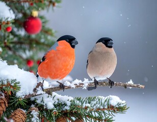 Two birds on a snowy branch