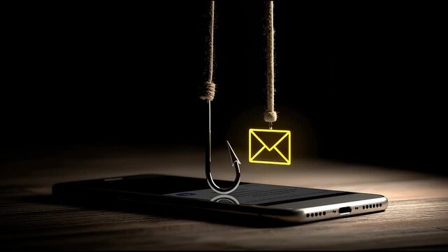 Smartphone and Fishing Hook With Email Icon Show Risks of Online Scams and Phishing Attempts in the Digital Age