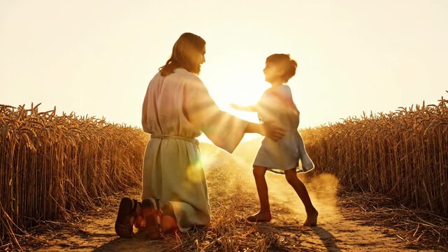 Jesus kneeling welcomes a boy running toward him, then embraces him in a field at sunset, a parable on faith.