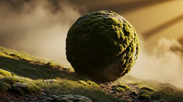 Moss covered boulder rolling down a grassy hill creating dust, cinematic shot of natural motion