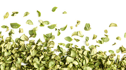 Dried Green Leaves Scattered on White Background, Culinary Herb Seasoning