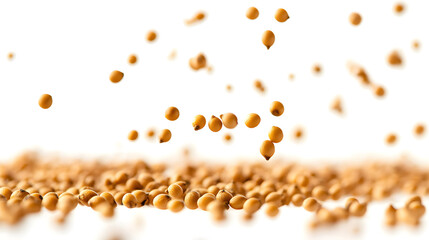 Falling mustard seeds on white background, close-up of natural spice and food ingredient