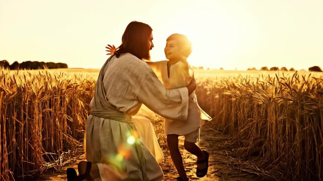 Male religious figure kneeling in wheat field as boy runs to him and embraces him, spiritual love and devotion