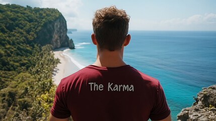 A person gazes upon the scenic ocean view, wearing a shirt that says 'The Karma'. Serene turquoise waters meet a sandy beach, framed by lush green cliffs. The perfect place to relax.