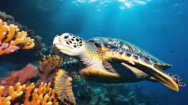 Vibrant illustration of a green sea turtle swimming near colorful coral reefs, with small fish and sun rays in the blue ocean.