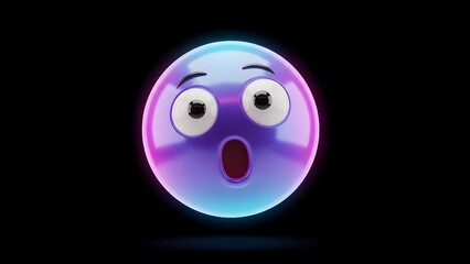Fototapeta premium Glowing shocked emoji face with wide eyes and open mouth, rendered in a neon 3D style with purple and blue lighting against a dark black background.
