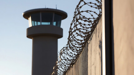 A stark image of a correctional facility's exterior, featuring a guard tower and razor wire-topped wall. Security measures evoke feelings of confinement and restrictment.