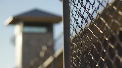 The somber image of a prison watchtower and chain-link fence against a clear sky evokes themes of confinement and security. The chain-link fence symbolizes limitation.