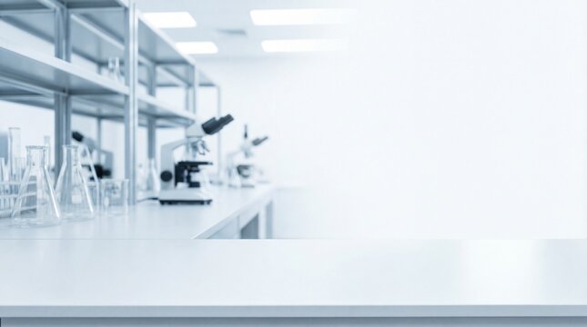 Empty white table top in science laboratory with blurred microscope and glassware. Medical research background for product display. Sterile clinical room concept.