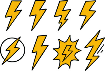 Set of 9 stylized yellow lightning bolt vector icons with black outlines and graphic accents, ideal for electricity, energy, speed, and comic-style impact in digital design and branding projects.