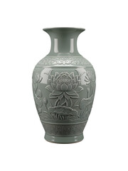 Light Gray Ceramic Vase with Intricate Lotus and Floral Carvings