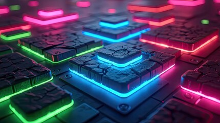 Vibrant neon-lit grid of glowing squares in pink and blue hues