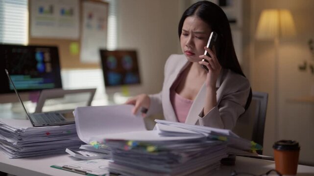 Overwhelmed asian businesswoman angrily searching for documents in a large pile on her desk while arguing on the phone late at night