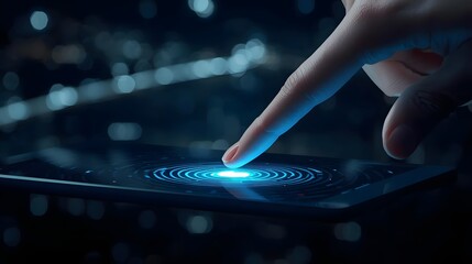 Biometric Access: Close-up of a finger activating a digital device, symbolizing security and technological advancement. This image embodies technological innovation, security.