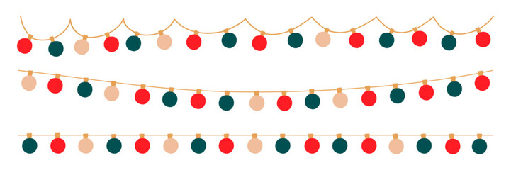 Christmas garland fairy light with colored circle bulbs. Xmas festive decoration string with hanging retro led lamp. Glowing string with lightbulb for holiday card, banner, poster. Vector illustration