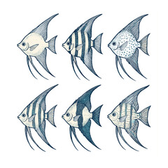 Tropical Angelfish Set. Hand Drawn Aquarium Fish Engraving Style Illustration