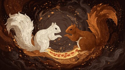 Two squirrels, one white, one orange, facing each other in magical swirl