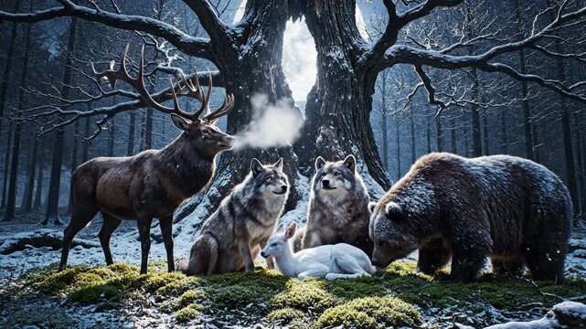 Forest creatures in snow forest showing friendship and harmony in a winter scene, animals from the wild gathering in peace.