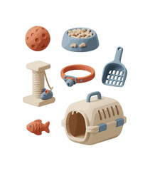Cat care essentials illustration food bowl carrier toys and accessories
