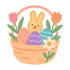 Pastel Easter basket with bunny and colorful eggs, spring tulips