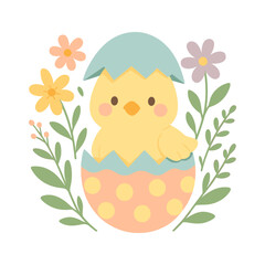 Cute Chick Hatching from Easter Egg with Flowers