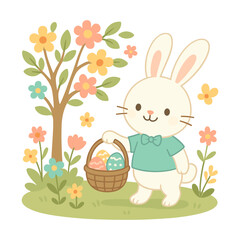 Cute Easter Bunny with Basket in Spring Garden